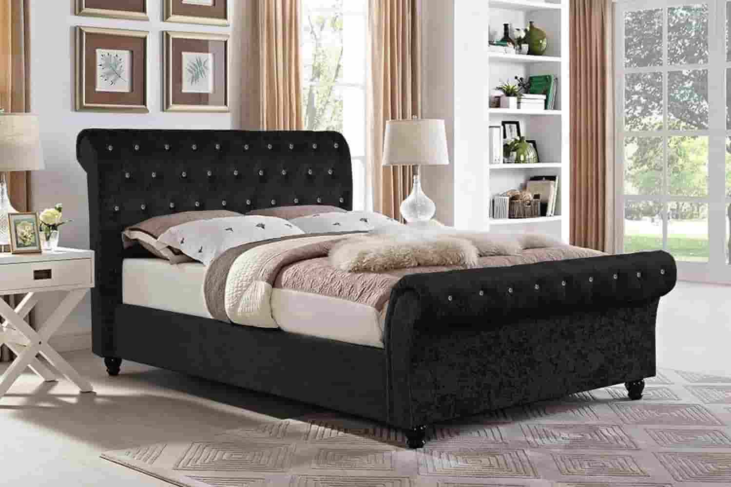 Sleigh Bed Black Crush Velvet UK